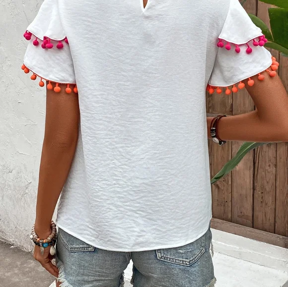 Contrast Pom-Pom Trim Flutter Sleeve Top - Picture 3 of 4